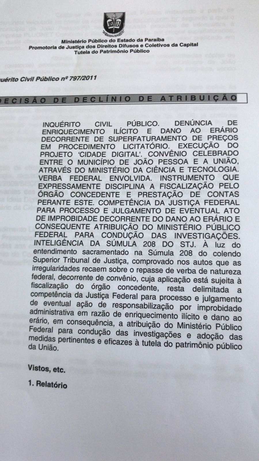 JAMPA DIGITAL  -  Ministrio Pblico da Paraba encaminha processo para o MPF e a Justia Federal